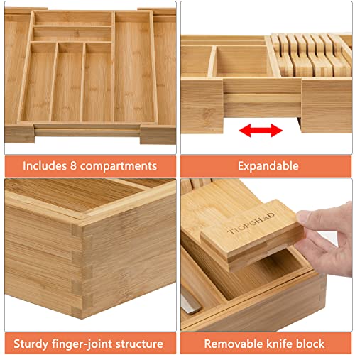TIOPGHAD Bamboo-Silverware-Drawer-Organizer-Kitchen, Expandable Utensil Holder Cutlery Tray Flatware Organization Adjustable Wood Tableware Dividers Storage (with Removable Knife Block)(Natural) - color: Natural, size: Large