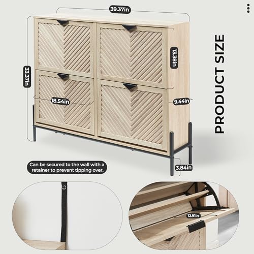 Shoe Cabinet Storage with 4 Flip Drawers, Narrow Hidden Shoes Organizer Cabinet for Entryway, Freestanding Slim Shoe Rack Front Door Entrance(Oak) - color: Oak, size: Large