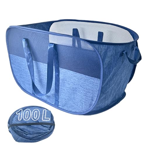 Extra Large Mesh Pop Up Laundry Hamper, 100L Collapsible Laundry Basket, Dirty Clothes Hamper with Reinforced Handles, Storage Bins for Shelves, Dorm or Home Portable Stair Laundry Basket. Blue - color: Blue, size: Single Standard