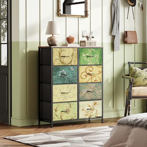 WLIVE Tall Fabric Dresser with 8 Drawers, Storage Tower with Fabric Bins, Double Dresser, Chest of Drawers for Closet, Bedroom, Living Room, Hallway, Dorm, Floral Painted - color: Floral Painted, style: General