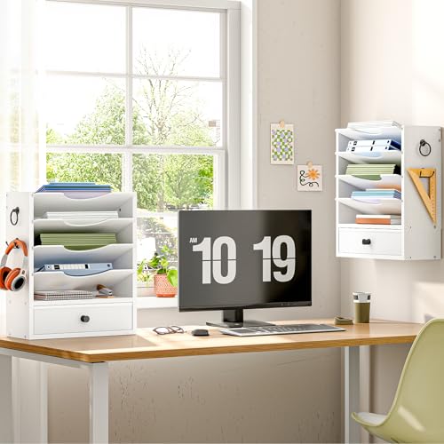 HOOBRO Wall File Organizer, Mail Organizer Wall Mounted, Wooden Literature Organizer, Construction Paper Organizer with Drawer Storage and 2 Hooks, for Office, Classroom, Home, White WT14WF01 - color: White