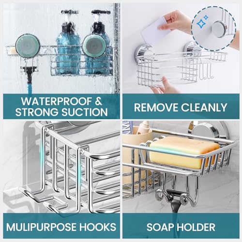TAILI Shower Caddy Suction Cup with Hooks & Soap Holder, Heavy Duty Bathroom Shower Organizers, Removable Bathroom Shelves for Inside,Stainless Steel Bathroom Holder - style: 1 × Silver Basket