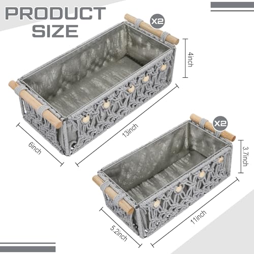 Vesici 4 Pcs Grey Macrame Storage Basket for Shelves 13 in 11 in Boho Storage Basket Hand Woven Boxes with Wood Handles Beads Decorative Countertop Toilet Tank Cabinet Organizer for Home Room Decor - color: Grey