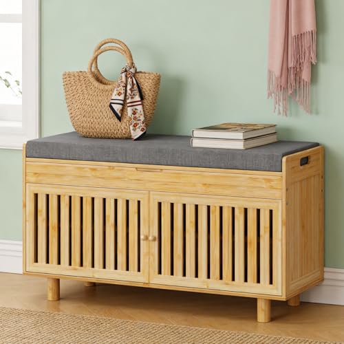 oakvivo Bamboo 35.4in Shoe Storage Bench with Lift Top Storage & Padded Seat Cushion, 2-Tier Shoe Rack Cabinet with 2 Doors for Entryway, Living Room, Bedroom, Mudroom, Natural - color: Natural