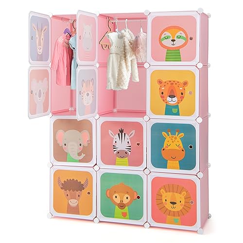 HONEY JOY Kids Wardrobe Closet, Baby Cartoon Clothes Storage Organizer, 12 Cubes & 2 Hanging Sections, Portable Children DIY Modular Bedroom Armoire Dresser Cabinet for Boys Girls (Pink) - color: Pink, size: 12-Cube