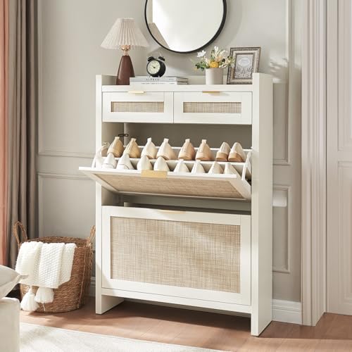 HOKYHOKY Rattan Shoe Storage Cabinet with 2 Drawers & 2 Flip Drawers – Hidden Slim Shoe Organizer for Entryway, Large Tabletop Space, Farmhouse Boho Narrow Shoe Rack, Rustic White - color: Rustic White, size: 2 Flips