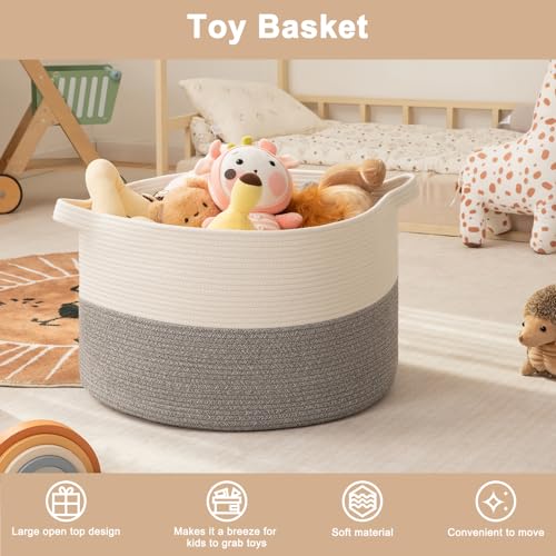 OIAHOMY 115L Extra Large Blanket Basket, 23.6" x 15.4" Woven Cotton Rope Laundry Basket for Organizing Pillows, Decorative Stuffed Animal Toy Storage Bin for Nursery, White and Light Grey - color: White and Light Grey, size: 23.6"D x 15.4"H