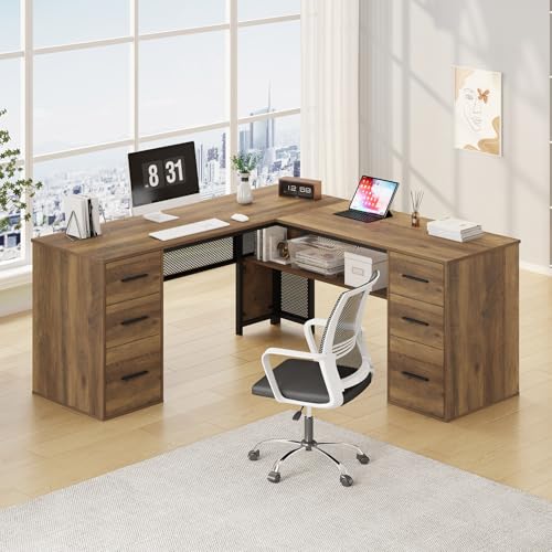 HSH Large L Shaped Home Office Desk with Drawers, Rustic L-shaped Computer Desk with Storage File Cabinet Shelves, Corner Reversible Metal Wood Executive Work Study Writing Table, 59 Inch Bedroom Desk - color: Rustic Oak