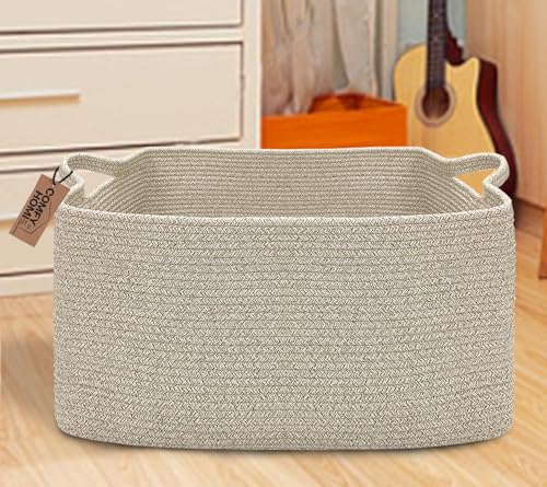 COMFY-HOMI Large Rectangular Blanket Basket, Woven Cotton Rope Baskets for Storage, Laundry Hamper Basket, Storage Bin,Toy Organizing Bin with Handle, Organization and Storage-22x15x12”-Brown - color: All Brown, size: 22''x15''x12''