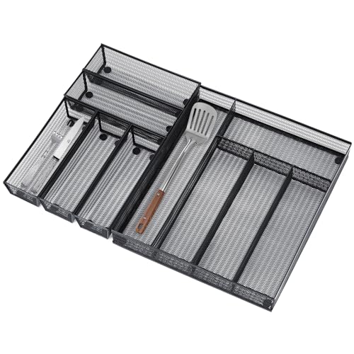 Neudeco Drawer Organizer Set 6 Pack - 5-Compartment Silverware Organizer Tray + 5 Utensil Trays, Kitchen Drawer Organizer for Flatware, Cutlery, Office Supplies, Black Mesh, Non-Slip. - color: Black-6L pack