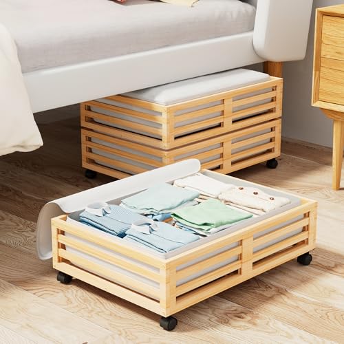 Wisuce Bamboo Under Bed Storage Containers- Underbed Organizer with Wheels with Dust Bag,Sturdy Wood Rolling Under the Bed Shoe Storage Organizer Drawers (Nature, 2 Pack (23.62"×16.54")) - color: Nature, size: 2 Pack (23.62"×16.54")