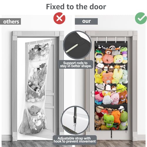 Woodoulogy Hanging Stuffed Animal Storage, Over Door Large Plush Toy Organizer with Metal Hook, Baby Accessory Holder Idea for Nursery, Doll & Bear Mesh Hammock Bag for Girl Boy Kid Room - color: Black