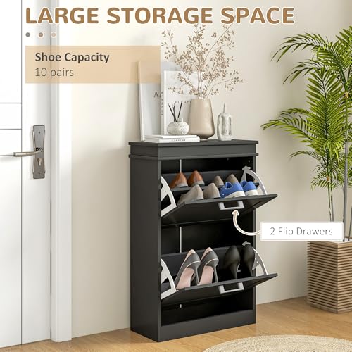 HOMCOM Narrow Shoe Cabinet with 2 Flip Drawers, Modern Freestanding Shoe Storage Cabinet with Adjustable Shelves for Entryway, Hallway, Black - color: Black