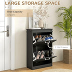HOMCOM Narrow Shoe Cabinet with 2 Flip Drawers, Modern Freestanding Shoe Storage Cabinet with Adjustable Shelves for Entryway, Hallway, Black - color: Black