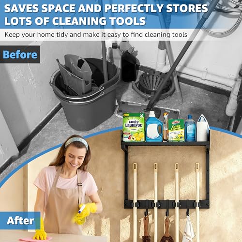 HUFAND Broom Holder Wall Mount, 15" Large Mop and Broom Organizer Wall Hanging with Top Storage Shelf, Heavy Duty Iron Utility Rack for Laundry Room, Garage, Kitchen, Garden - Black - size: small