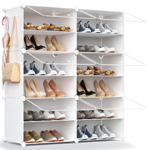 Shoe Rack Organizer, 24 Pair Shoe Storage Cabinet with Door Expandable Plastic Shoe Shelves for Closet,Entryway,Hallway,Bedroom,6 Tier - color: Transparent Door-white, size: 24 Pairs - 6 Tier