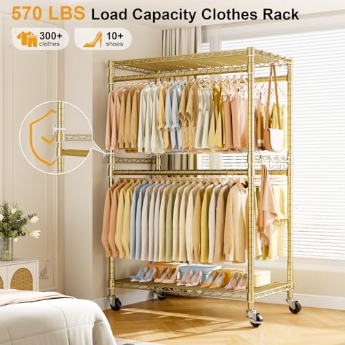 ULIFHOME P4 Plus Rolling Clothes Rack Heavy Duty, Clothing Racks for Hanging Clothes, Free Standing Garment Racks with Wheels, Portable Closet Rack 45'' W × 20.5'' D × 80.5'' H, Max Load 570 Lbs, Gold - color: Gold, size: P4 Plus