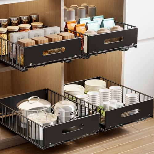 Mustorn 2 Pack Pull Out Cabinet Organizer, Slide Out Drawers for Cabinets, Peel and Stick, Heavy Duty Shelves for Kitchen, Cupboard, Pantry, Bathroom (16.5"D*11.8"W*3.94"H-Black) - color: Black, size: 16.5"D*11.8"W*3.94"H