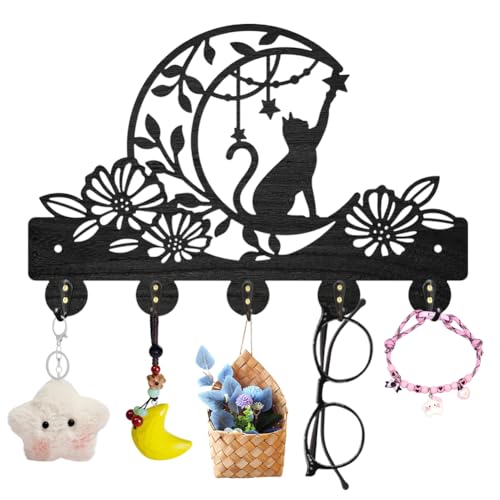 MAYJOYDIY Cat Moon Flower Coat Rack Wall Mounted Wood Animal Moon Star Key Hanger Wall Art Decor 11.8×7.9inch 5 Alloy Hooks Black Key Rack Organizer for Gift Entryway Hallway Kitchen Room - color: Cat