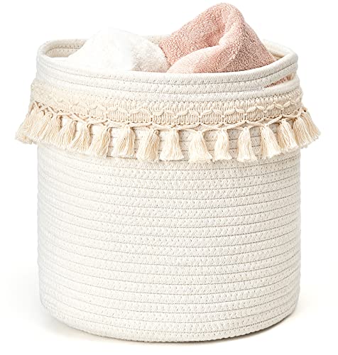 Mkono Macrame Decorative Cotton Rope Basket Boho Nursery Decor Cute Woven Tassel Closet Storage Bins Organizer for Baby Toys,Diaper, Blankets,Magazine,Potted Plants Cover,Living Room,Bedroom, 15"x14" - size: 15"x14"
