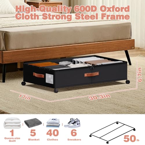 Under Bed Storage 2 Pack 66L, Rolling Containers with Wheels, Heavy Duty Metal Frame, 600D Oxford Fabric, Clear Lid, Adjustable Dividers for Clothes Shoes Blankets, Dorm Space Saving, Black
