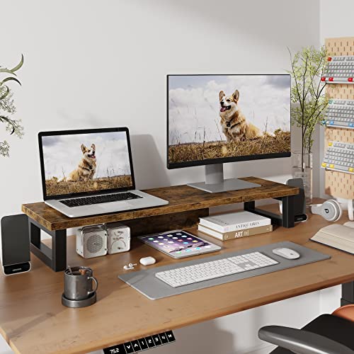 WESTREE Dual Monitor Stand Riser, Wood and Steel Monitor Stand Riser, Computer Monitor Stand for 2 Monitors, Multi-Purpose Desktop Storage Stand for Computer,Laptop,Printer,TV - color: Brown