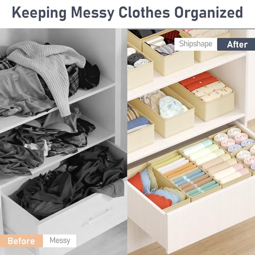 DIMJ Drawer Organizer Clothes Storage - 16 Pack Baby Dresser Organizer for Nursery, Foldable Drawer Dividers for Bedroom Closet Organization, Fabric Storage Bins for Socks, Underwears, Bras - color: Beige