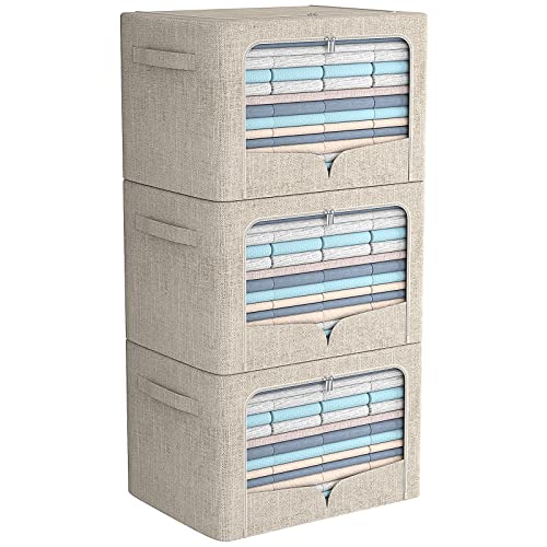 FHSQX 3 Pack Clothes Storage Bins Foldable Metal Frame Storage Box Stackable Linen Fabric Organizer Set with Carrying Handles and Clear Window (Beige, 15.7x11.8x7.8inch(22L)) - color: Beige, size: 15.7x11.8x7.8inch(22L)