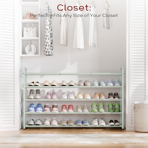 Bumusty 5-Tier Long Expandable Shoe Rack for Closet, 18"-44" Adjustable Shoe Rack for Entryway, 25-30 Pairs Large Shoe Organizer Shelf Storage, Sturdy Metal, Green - color: Green, size: 5-Tier