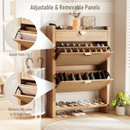 INNOD Rattan Shoe Storage Cabinet, Shoe Organizer with 2 Flip Drawers, Narrow Shoe Cabinet, Free Standing Hidden Shoe Storage, Shoe Rack for Entryway/Hallway/Closet, Natural Oak