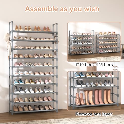 VTRIN 10 Tiers Shoe Rack Tall Large Capacity Wide Shoe Organizer Sturdy Shoe Shelf for Entryway with Two Hooks Metal Shoe Storage for Closet, Bedroom, Grey - color: Grey, size: 32.3" Wide - 10 Tier