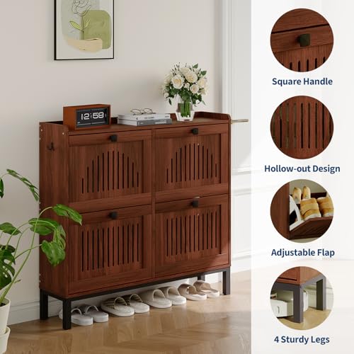 4-Door Flip Front Shoe Cabinet with Adjustable Shelves – Hidden Entryway Storage Organizer for Hallway, Foyer, Living Room – Freestanding Wooden Shoe Rack with Large Capacity & Modern Design, Walnut - color: Walnut, size: 9.45"D x 41.34"W x 37.9"H