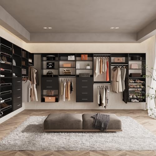 ROOMTEC Modular Closet System, 49" Wall-Mounted Closet Organizer with Hanging Rods, Wooden Tower for Walk-In Closets, Wardrobe Storage Kit, Black - size: 49" Wide, style: Model 2