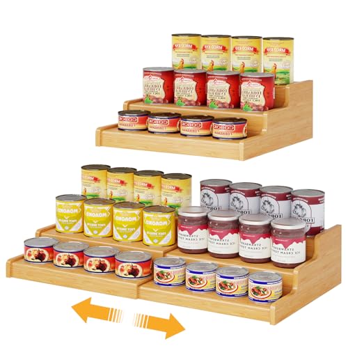 Expandable Bamboo Can Rack Organizer for Pantry, 3-Tier Adjustable Can Storage Holder, Soda Organizer Holds Up to 24 Cans, Canned goods Storage Display for Pantry, Cabinet, Countertop (patent pending) - color: Bamboo