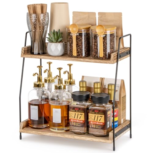 ANBOXIT Countertop Coffee Station Organizer, 2 Tier Wooden Shelf for Coffee Bar Accessories, Condiment Storage Caddy for Kitchen, Home, Office - Brown - color: Brown