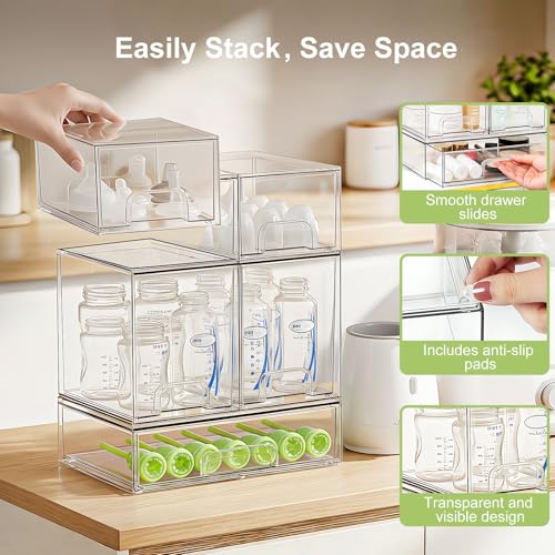 Bottle Storage Organizer Baby: Clear Stackable Storage Drawers, Acrylic Bottles Station Organizer for Countertop, Vanity, Bathroom, Cabinet Organization - 5 Pack - size: 2 Small+2 High+1 Wide