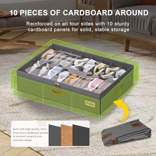 homyfort Shoe Organizer Under Bed, Fits 32 Pairs, Under bed Shoe Storage Boxes with Study Handles and Clear Cover, zapateras organizer for shoes, set of 2 - color: Grey, style: Modern