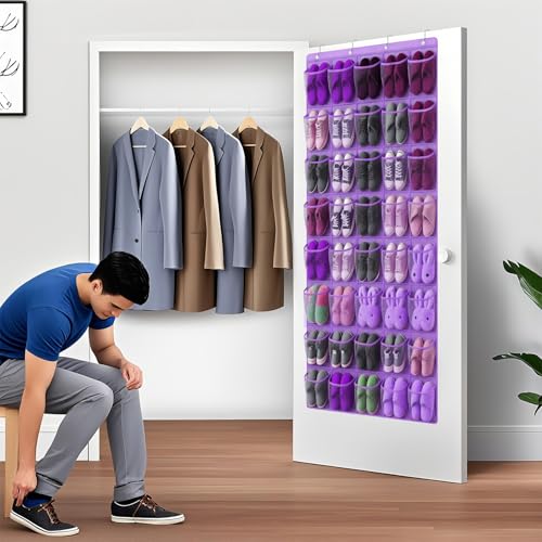 40-Pocket Over the Door Shoe Organizer - Large Mesh Pocket Hanging Shoe Organizer,Behind the Door Shoes Storage Holder Hanger - color: Purple