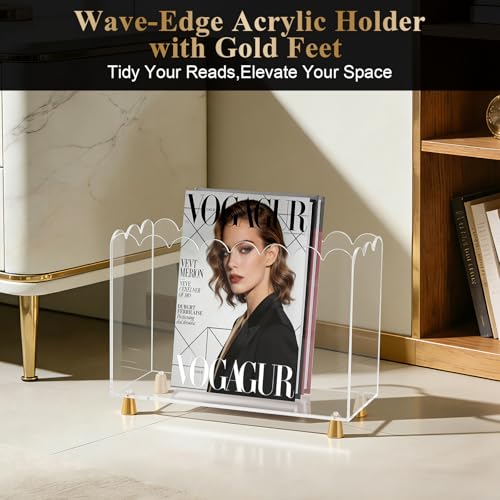 Acrylic Magazine Holder,Magazine Rack Floor,Crystal Clear Stylish Organizer with Luxe Gold Metal Feet and Wave Edge Design Space Saving Storage for Books Newspapers Office Supplies,Home Office - color: Clear