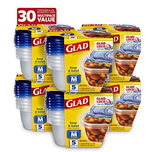 Glad GladWare Medium Rectangle Food Storage Containers with Lids, BPA Free Plastic for Soups Salads and Meal Prep, Airtight Leak Resistant, Microwave Dishwasher Freezer Safe, 24 Oz, 5 Count - 6 Pack - size: 24 oz - 30 Count, style: Rectangle