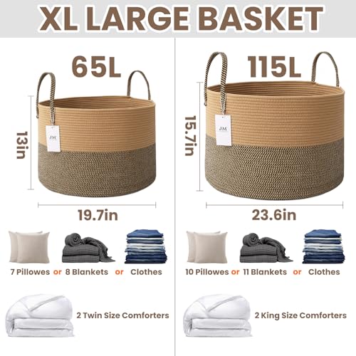 JMvicyroam 65L Extra Large Blanket Basket for Living Room - Woven Cotton Rope Laundry Hamper with Reinforced Handles - Storage Bin for Pillows, Comforters & Toys - Machine Washable,Jute&Black - color: Jute&Black, size: 65L