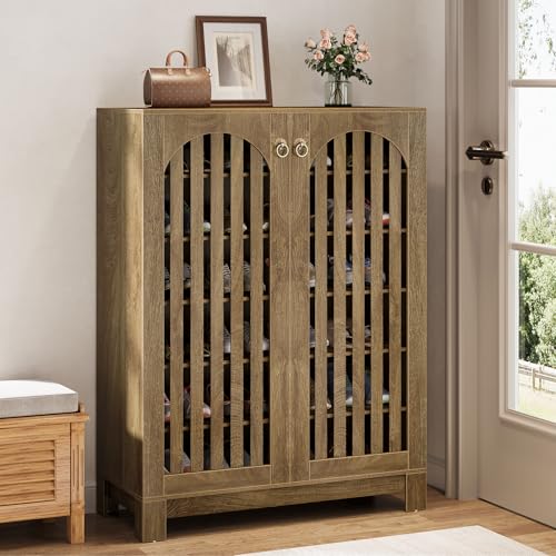 Tribesigns Shoe Cabinet with Shutter Doors, 6-Tier Shoe Storage Cabinet, Entryway Shoe Rack Organizer with Adjustable Shelves for Living Room, Hallway, Natural Wood - color: Wood Color