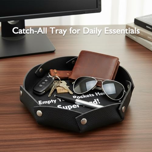 Faux Leather Valet Tray for Men, Catch-All Tray Empty Dad's Pocket for Nightstand Entryway Table, Dump Holder Everyday Carry Organizer for Wallet Keys Watch, Black - color: Black