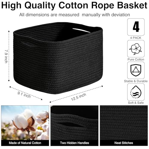 ICERZCZ Black Storage Baskets for Shelves, Small Storage Baskets for Organizing, Woven Cotton Rope Baskets for Storage, Book Basket, Decorative Shelf Basket, 12.5"Lx9.1''Wx7.9''H (4 Packs) Black - color: Black, size: 12.5"(l)×9.1"(w)×7.9"(h)