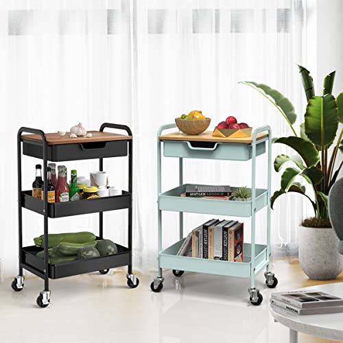 3 Tier Rolling Cart, Utility Cart with Drawer and Table Top, Metal Rolling Kitchen Storage Organizer Cart with Handle and Locking Wheels for Bathroom Office Balcony Living Room - color: Light Green