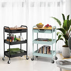 3 Tier Rolling Cart, Utility Cart with Drawer and Table Top, Metal Rolling Kitchen Storage Organizer Cart with Handle and Locking Wheels for Bathroom Office Balcony Living Room - color: Light Green