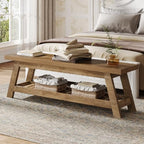 Tribesigns 55" Wood Entryway Bench with Shoe Storage, Large 2-Tier Narrow Hallway Foyer Seating Bench with Open Shelves for Entryway, Bedroom, Mudroom - color: Light Walnut