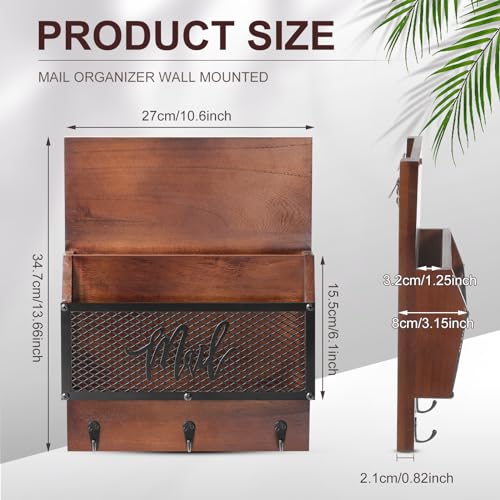 Yalikop Farmhouse Mail Organizer Wall Mounted Rustic Mail Holder Hanging Key Sorter with 3 Hooks Indoor Wooden Wall Mounted, Letter, Magazines, Newspapers, Keys (Classics,Dark Brown) - color: Dark Brown