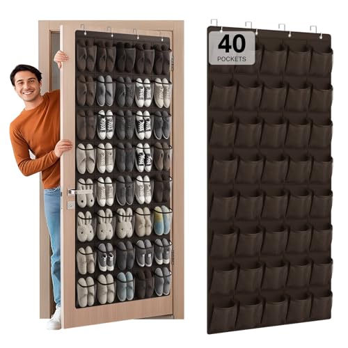 40-Pocket Over the Door Shoe Organizer - Large Mesh Pocket Hanging Shoe Organizer,Behind the Door Shoes Storage Holder Hanger (Coffee color) - color: Coffee color