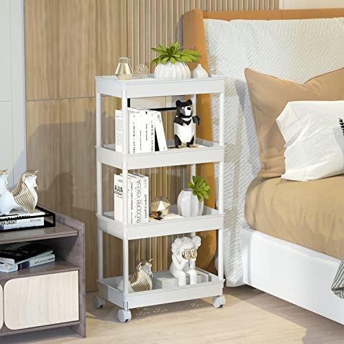 Sooyee 4 Tier Wide Storage Cart Mobile Shelving Unit Organizer Slide Out Storage Rolling Utility Cart Tower Rack for Kitchen Bathroom Laundry, Plastic & Stainless Steel,White - color: White, size: Wide